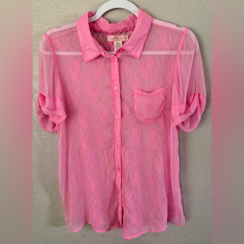 Band of Gypsies Pink Sheer Lace Button-Down Shirt